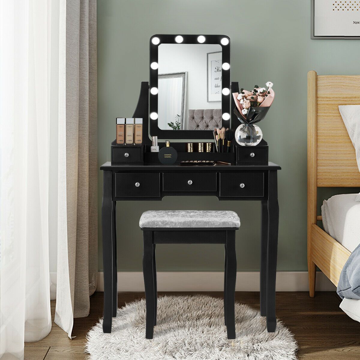 Vanity Mirrored Dressing Table Makeup Desk with 5 Drawer and Stool